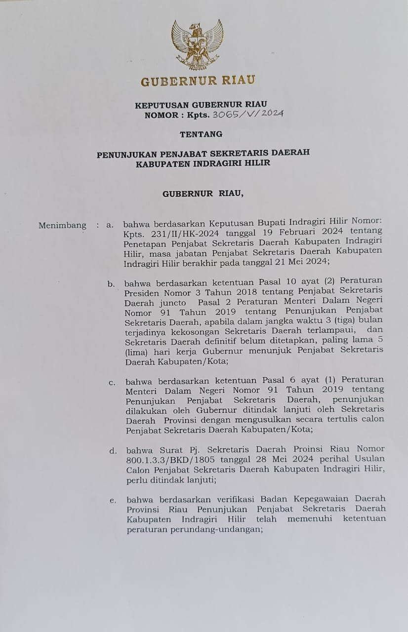 Sekda Definitif Belum Dilantik, Ada Apa dengan Pemkab Inhil?