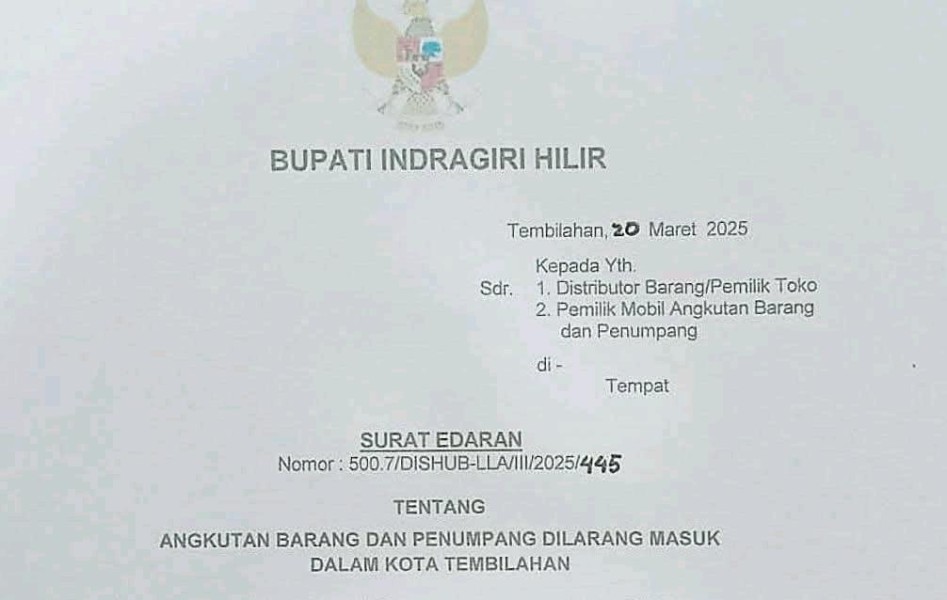 Bupati Inhil Keluarkan Surat Edaran Larangan Mobil Angkutan Barang Masuk dalam Kota Tembilahan