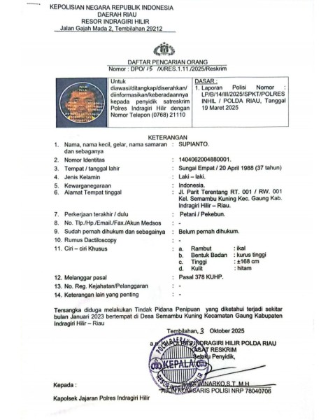 Polres Inhil Tetapkan Supianto Warga Gaung Sebagai DPO Kasus Penipuan Jual Beli Lahan