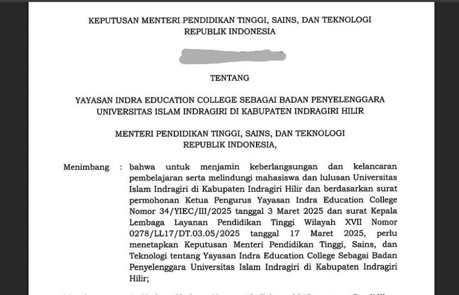 Yayasan Indra Education College Terima SK Badan Penyelenggara dari Direktorat Jenderal Pendidikan Tinggi